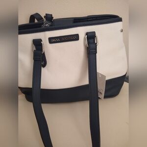 Dana Buchman Hillary Small Satchel/Purse Navy Faux Leather Navy Canva With Strap